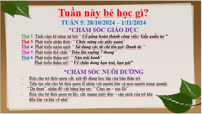 Kế hoạch chăm sóc nuôi dưỡng, giáo dục lớp Lá 1 từ ngày 28/10 đến ngày 1/11/2024.