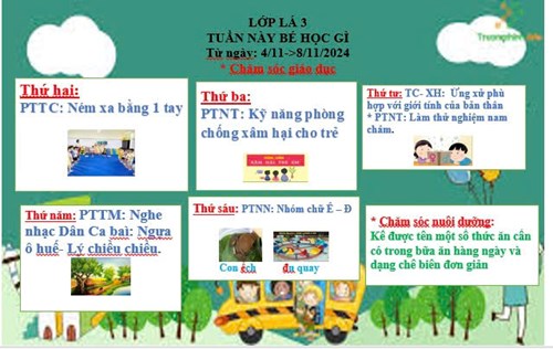 Kế hoạch chăm sóc nuôi dưỡng, giáo dục lớp Lá 3 từ ngày 4/11 đến ngày 8/11/2024.