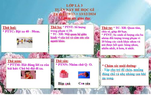 kế hoạch chăm sóc nuôi dưỡng, giáo dục lớp Lá 3 từ ngày 9/12 đến ngày 13/12/2024.