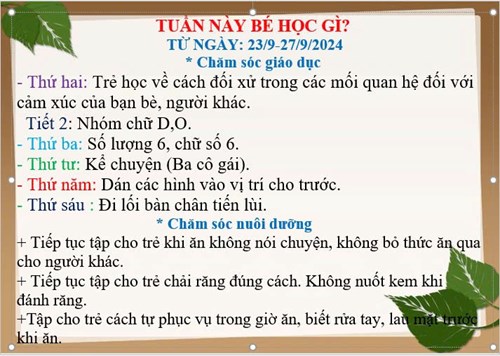 Nội dung Chăm sóc giáo dục, nuôi dưỡng lớp Lá 2 (23/9 đến 27/9/2024)