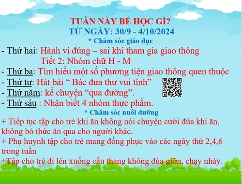 Nội dung chăm sóc giáo dục, nuôi dưỡng lớp Lá 2 từ ngày 30/9 đến ngày 4/10/2024