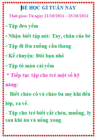 Nội dung chăm sóc giáo dục khối Nhà trẻ (21/10 đến 25/10/2024)