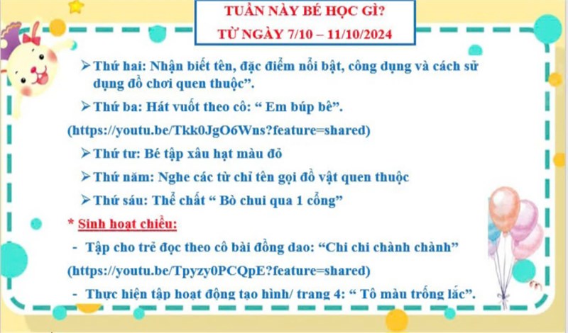 Kế hoạch giáo dục tuần 2/10 ( 7/10-11/10) lớp gấu bông