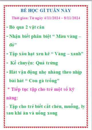 Kế hoạch giáo dục tuần 1/11  khối nhà trẻ (từ ngày 4/11 đến 8/11/2024)