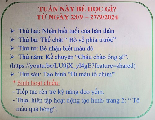 Kế hoạch giáo dục tuần 4 tháng 9 ( Từ ngày 23/9-27/9/2024)
LỚP GẤU BÔNG