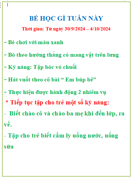 Kế hoạch giáo dục Tuần 1 tháng 10 ( Từ ngày 30/9-4/10/2024)
LỚP SƠN CA