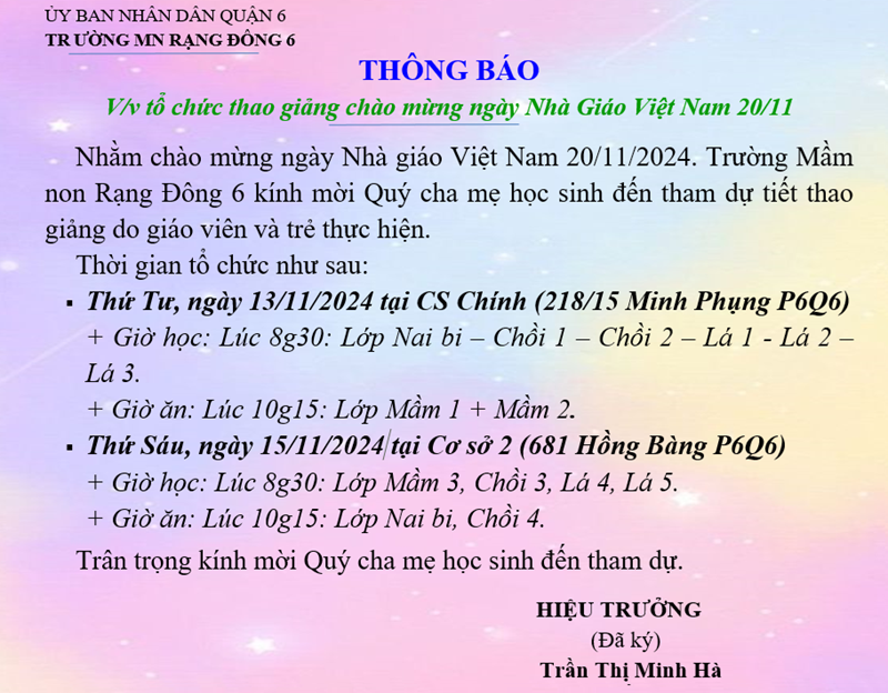 Thông báo thao giảng chào mừng ngày 20/11