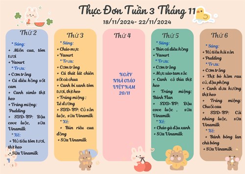 Thực đơn tuần 03 tháng 11/2024 của các bé Trường Mầm non Rạng Đông Quận 6 Năm học 2024 - 2025.