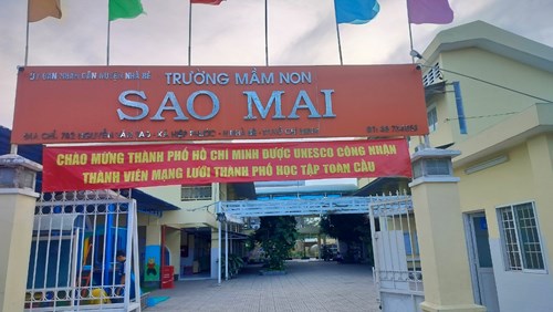 Trường MN Sao Mai treo băng rôn  Chào mừng Thành phố Hồ Chí Minh được UNESCO công nhận thành viên mạng lưới Thành phố học tập toàn cầu 