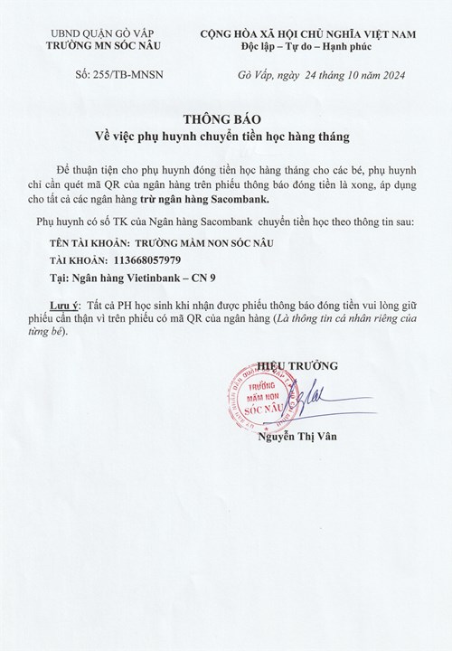 Thông báo về việc Phụ huynh chuyển tiền học hằng tháng
