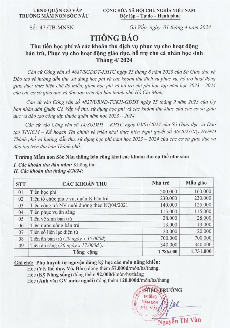 Thông báo thu tiền học phí và các khoản thu dịch vụ phục vụ cho hoạt động bán trú, phục vụ cho hoạt động giáo dục, hỗ trợ cho cá nhân học sinh tháng 4/2024