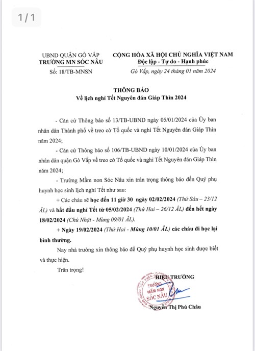 Thông báo lịch nghỉ tết Giáp Thìn năm 2024