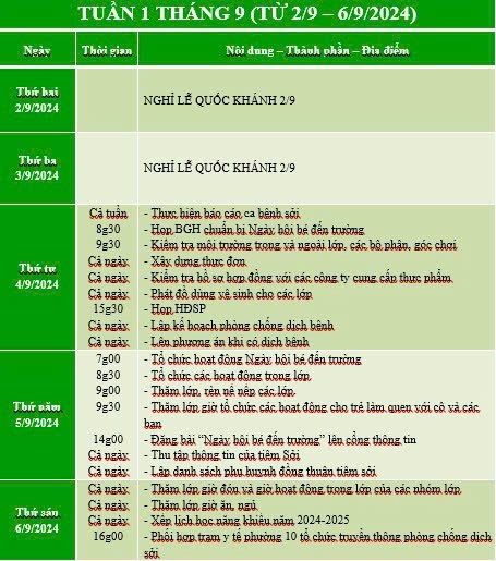 Lịch công tác tuần từ ngày 02/9 đến ngày 06/9/2024