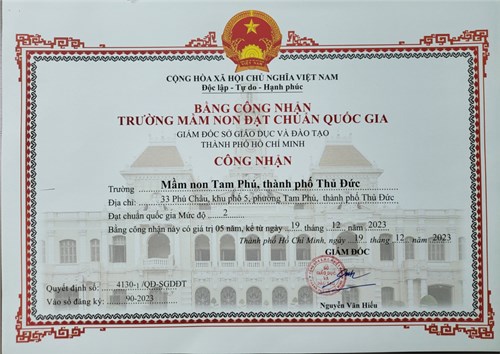 Bằng công nhận trường mầm non đạt chuẩn quốc gia mức độ 2