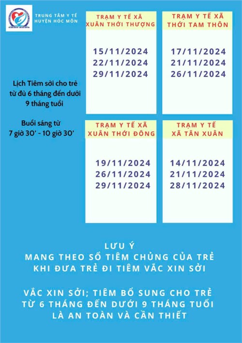 Truyền thông lịch tiêm vắc xin Sởi miễn phí cho trẻ từ 6 tháng đến 9 tháng tuổi.