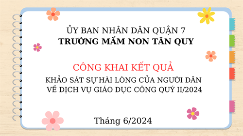 Công khai kết quả khảo sát sự hài lòng của Cha Mẹ học sinh đối với việc cung cấp dịch vụ công của trường MN Tân Quy - Quý II/2024