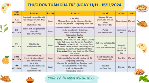 Thực đơn Tuần của bé Tháng 11 (11/11 - 15/11/2024)