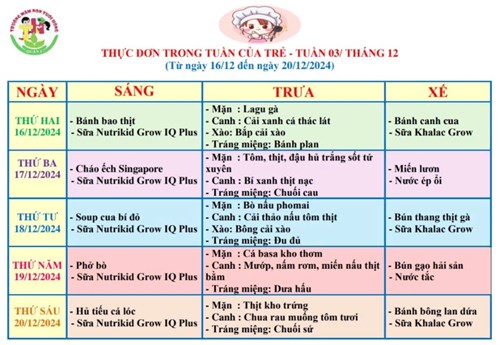 Thực đơn trong tuần của trẻ - tuần 03/ tháng 12/2024