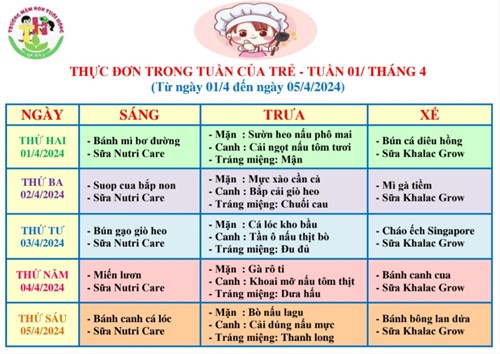 Thực đơn tuần 01 tháng 4/2024