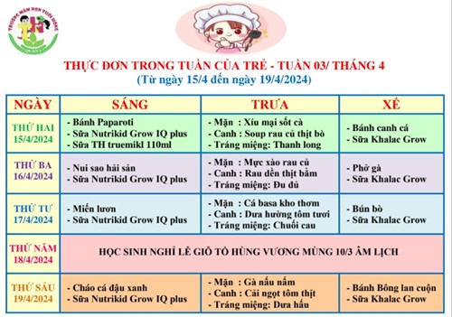 Thực đơn tuần 03 tháng 4/2024