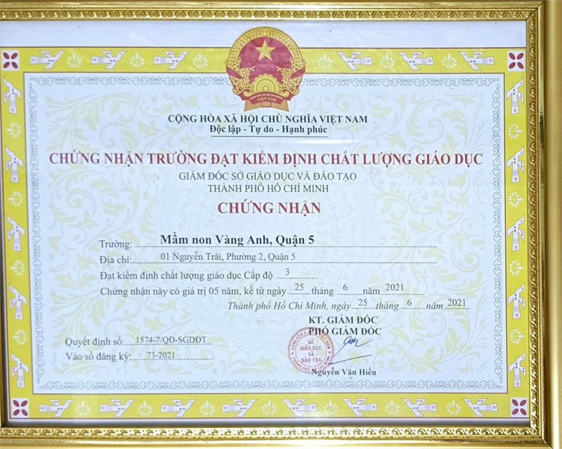 Chứng nhận trường Mầm non Vàng Anh đạt Kiểm định chất lượng giáo dục Cấp độ 3