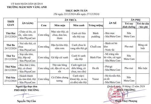 Thực đơn tuần từ ngày 23/12/2024 đến 27/12/2024