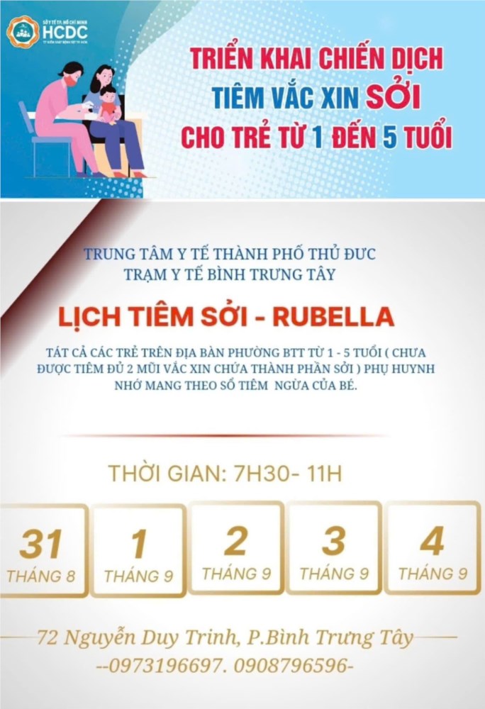 Trường mầm non vành khuyên thông báo tới quý phụ huynh triển khai chiến dịch tiêm vắc xin sởi cho trẻ từ 1 đến 5 tuổi tại địa trạm y tế phường bình trưng tây