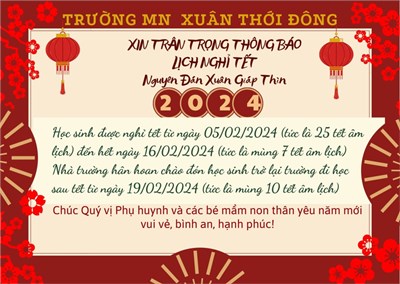 Trường mn xuân thới đông thông báo lịch nghỉ tết nguyên đán năm 2024
