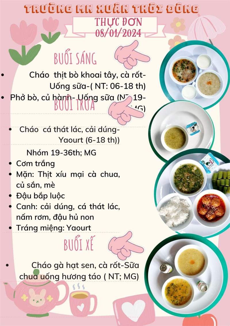 Thực đơn tuần từ ngày 08/01/2024- 12/01/2024