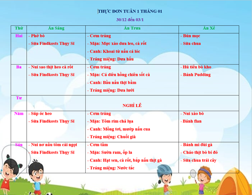 Thực đơn tuần 01 tháng 01