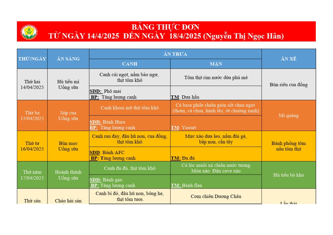 Thực đơn của bé tuần 3 tháng 4 (từ ngày 14/4/2025 đến ngày 18/4/2025)