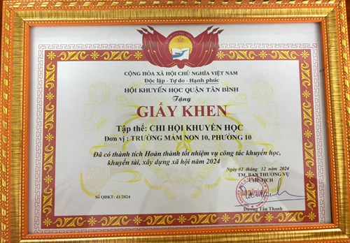 Giấy khen Trường Mầm non 10 đã có thành tích hoàn thành tốt nhiệm vụ công tác khuyến học, khuyến tài, xây dựng xã hội năm 2024.