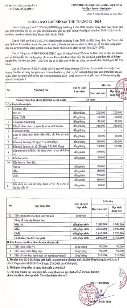Thông báo các khoản thu tháng 02.2025