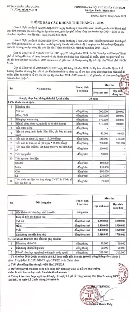 Thông báo các khoản thu tháng 4.2025