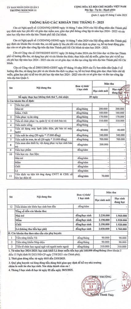 Thông báo các khoản thu học phí tháng 5.2025