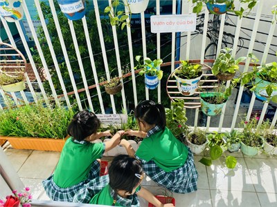 Hoạt động ngoài trời: bé chăm sóc vườn cây