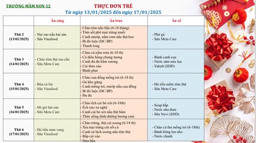 Thực đơn của bé từ ngày 13/01/2025 đến ngày 17/01/2025