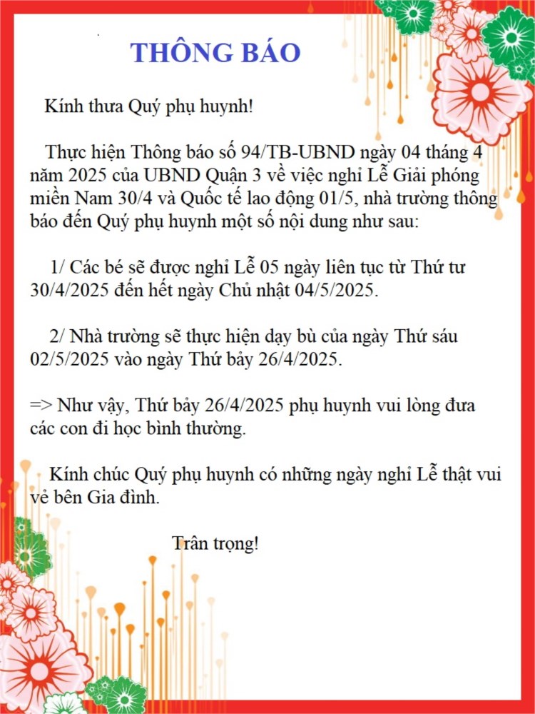 Thông báo về việc nghỉ Lễ 30/4 - 01/5 và thực hiện dạy bù.
