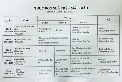 Thực đơn tuần của bé từ ngày 06/01/2025 đến ngày 10/01/2025