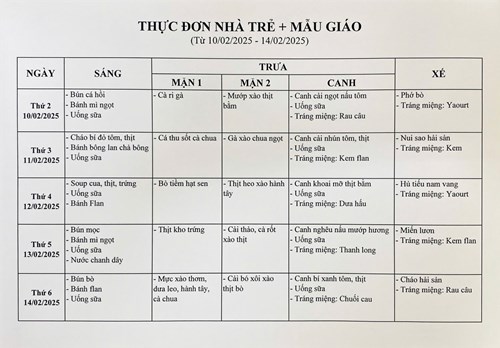 Thực đơn tuần của bé từ ngày 10/02/2025 đến ngày 14/02/2025