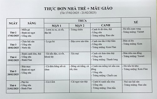 Thực đơn tuần của bé từ ngày 17/02/2025 đến ngày 21/02/2025