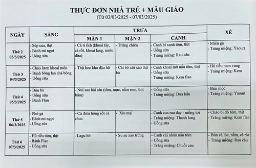 Thực đơn tuần của bé từ ngày 03/3/2025 đến ngày 07/3/2025