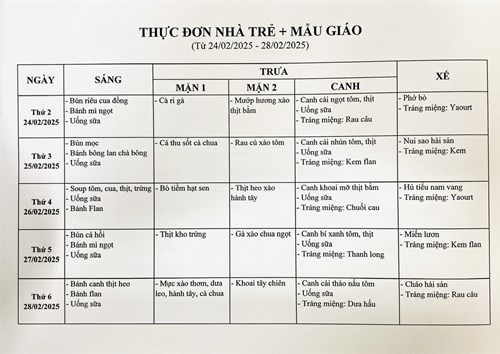 Thực đơn tuần của bé từ ngày 24/02/2025 đến ngày 28/02/2025