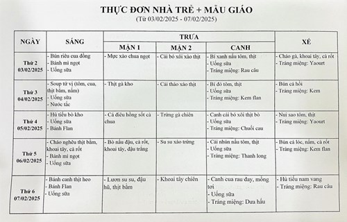 Thực đơn tuần của bé từ ngày 03/02/2025 đến ngày 07/02/2025