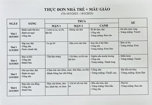Thực đơn tuần của bé từ ngày 10/3/2025 đến ngày 14/3/2025