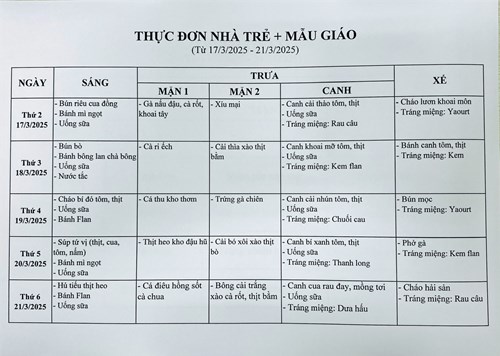 Thực đơn tuần của bé từ ngày 17/3/2025 đến ngày 21/3/2025