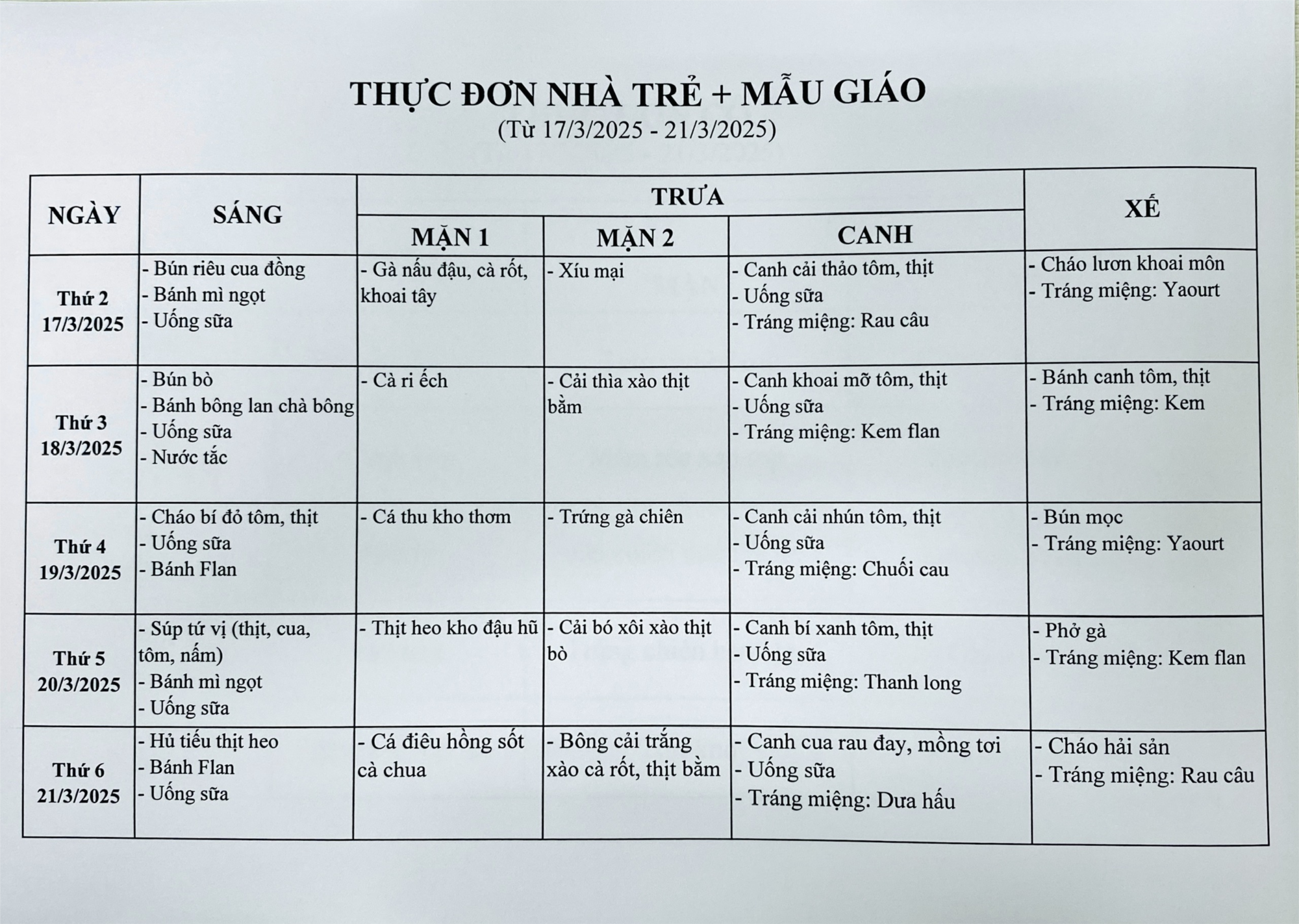 Thực đơn tuần của bé từ ngày 17/3/2025 đến ngày 21/3/2025