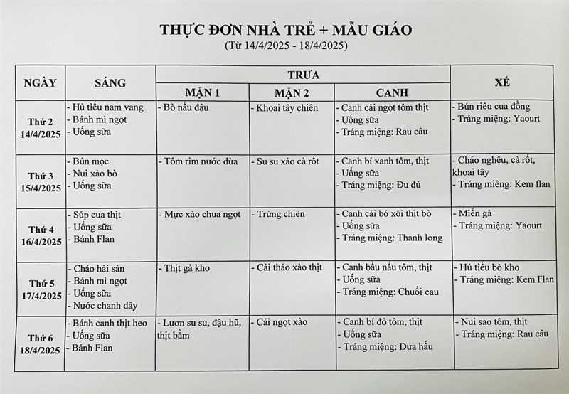 Thực đơn tuần của bé từ ngày 14/4/2025 đến ngày 18/4/2025