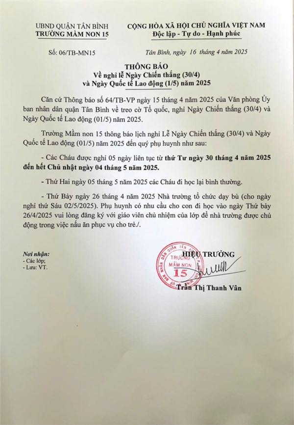 Thông báo về nghỉ lễ Ngày chiến thắng (30/4) và Ngày quốc tế lao động (1/5) năm 2025.