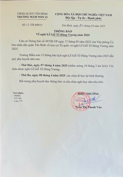 Thông báo về thời gian nghỉ Lễ Giỗ tổ Hùng Vương năm 2025